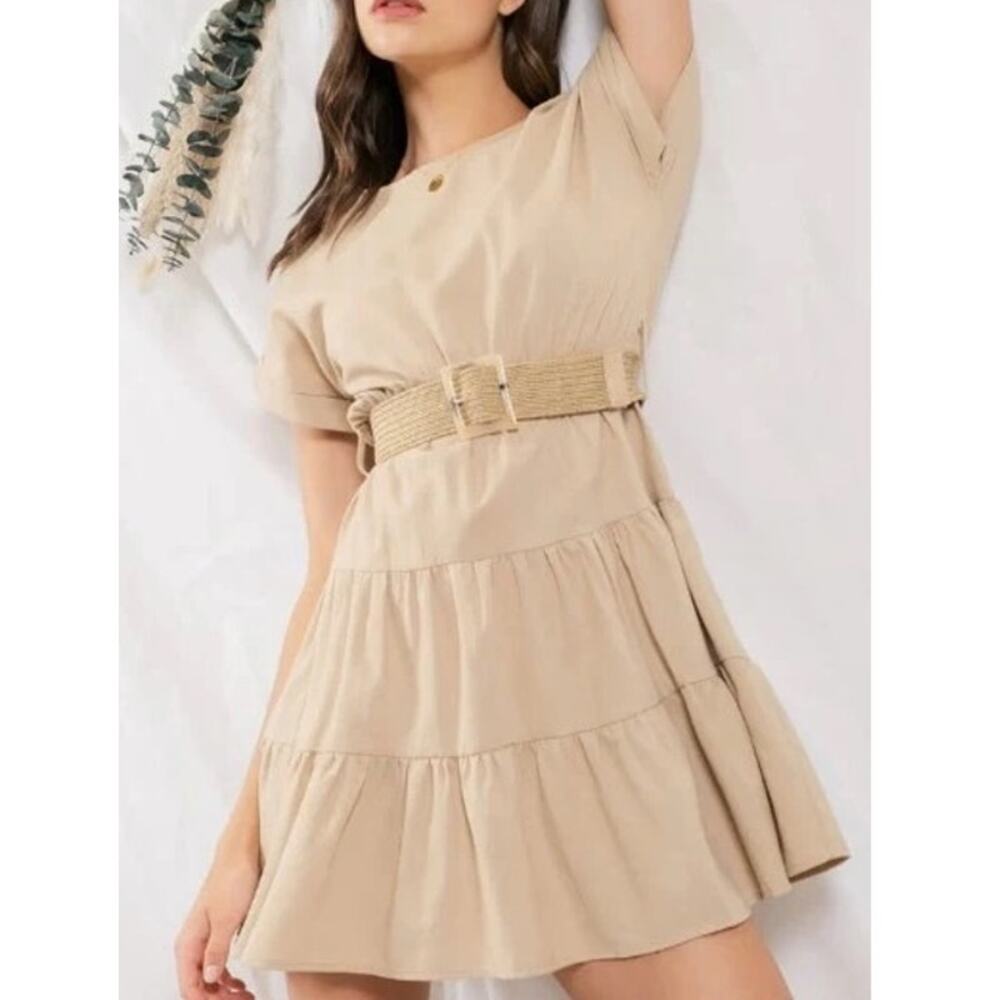 Womens Tiered Belted Ruffle Dress Medium Beige Boho Granola Quiet Luxury Fall - Picture 8 of 10